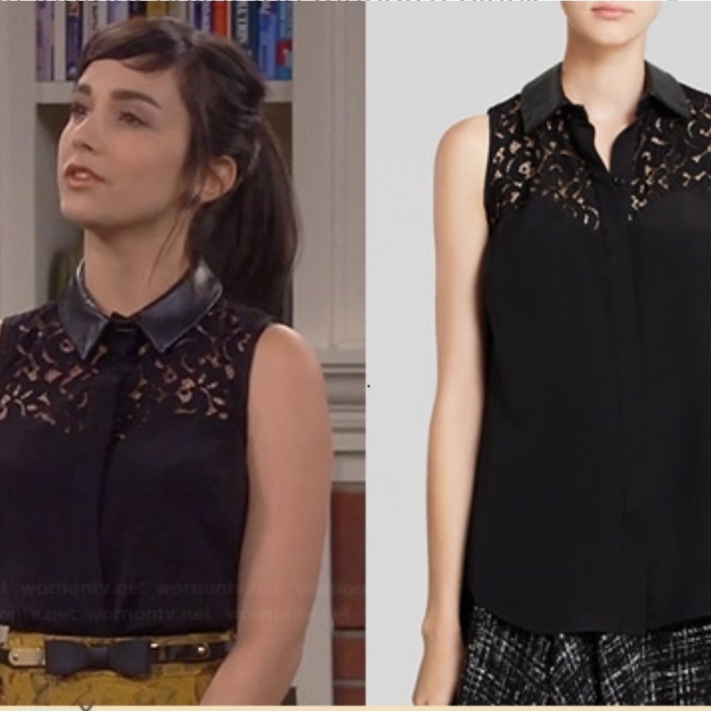 Milly of New York Black Sleeveless Lace-Detail Blouse with Faux Leather Collar